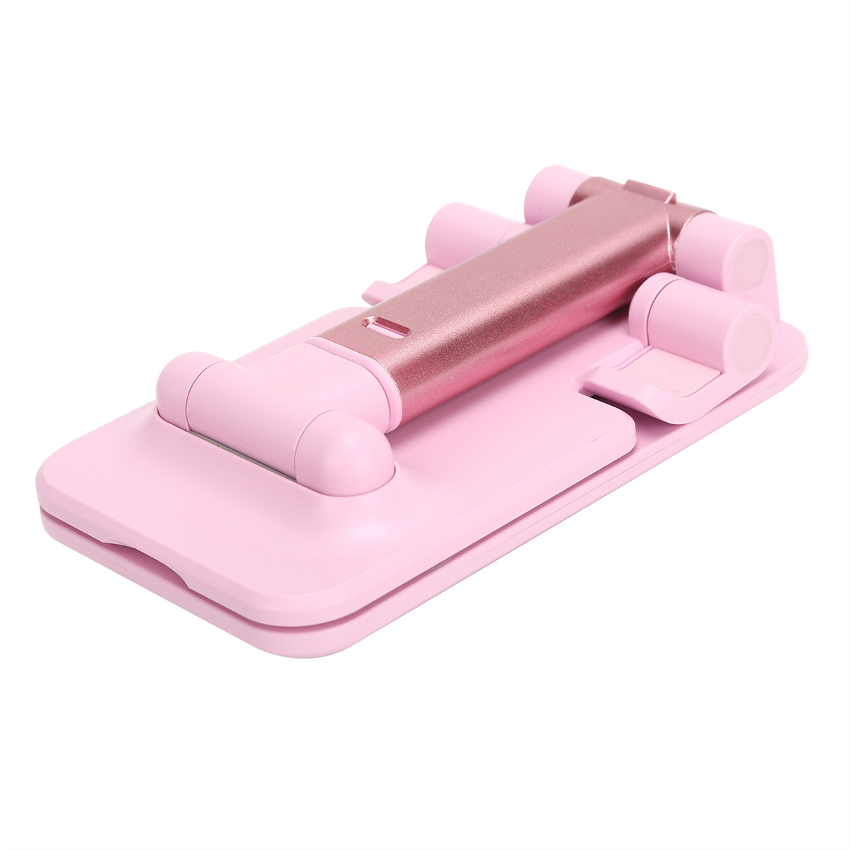 Faltbarer, pinkfarbener Telefonständer. Roségoldfarbene Mittelstange. Zwei Stützen.