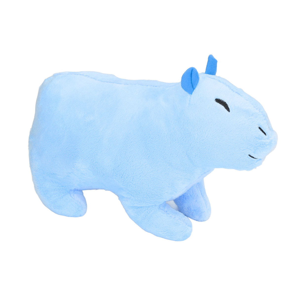 Blaues Plüsch-Wasserschwein-Spielzeug. Es hat kleine Ohren und ein lächelndes Gesicht.