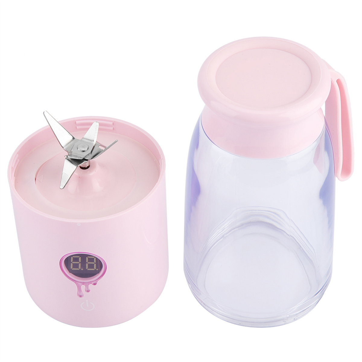 Ein rosa Mixer mit einem Glasbehälter. Der Mixerfuß hat ein digitales Display und einen Ein-Aus-Schalter.