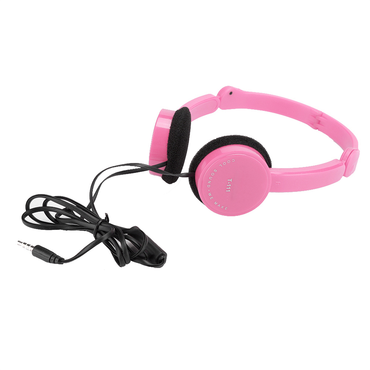 Rosa Kopfhörer mit schwarzen Ohrpolstern und einem schwarzen Kabel. Das Kabel ist an einem Stecker.