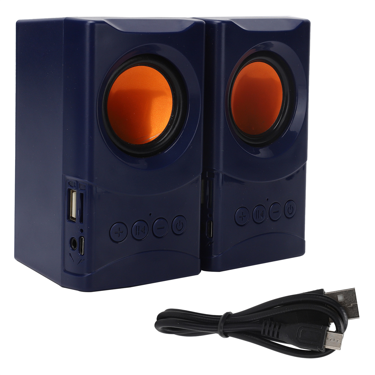 Zwei marineblaue Lautsprecher mit orangefarbenen Lautsprechertrichtern. Ein schwarzes USB-Ladekabel ist auch dabei.