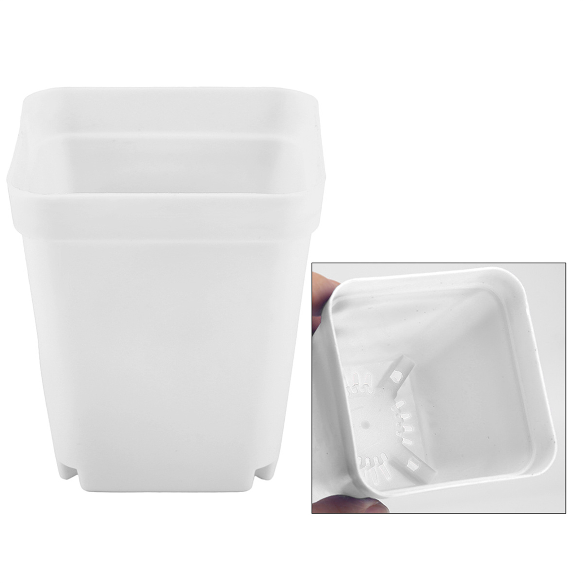 Ein weißer, quadratischer Plastiktopf mit einer kleineren Ansicht des Inneren.