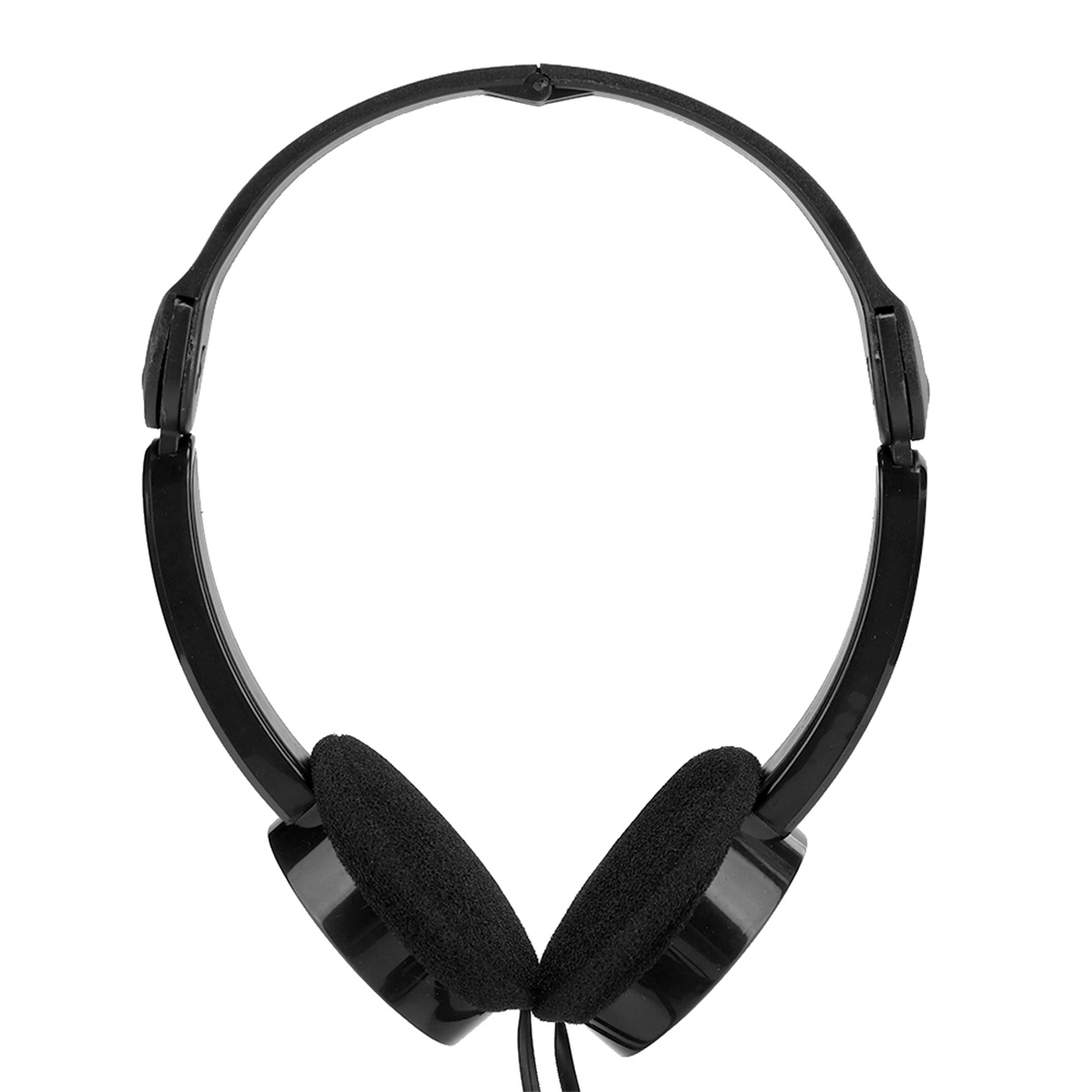 Schwarze Kopfhörer mit schwarzen Ohrpolstern. Das Kopfband ist gewölbt. Schwarzes Kabel an jeder Ohrmuschel.