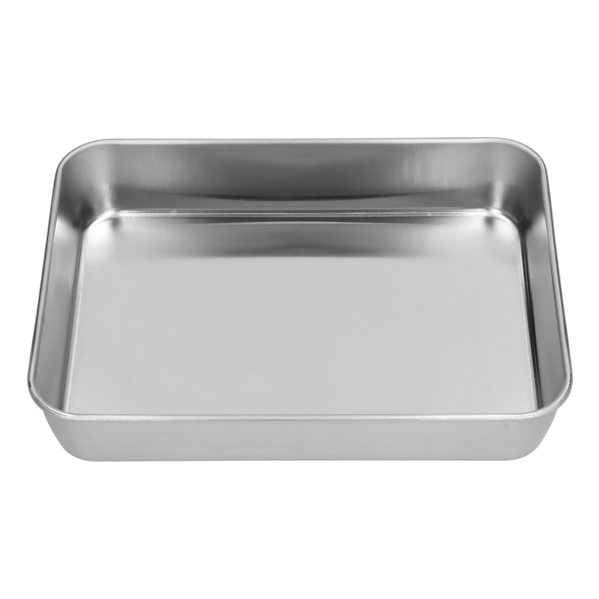 Ein Edelstahl-Backblech wird gezeigt. Es ist rechteckig, leer und reflektiert Licht.