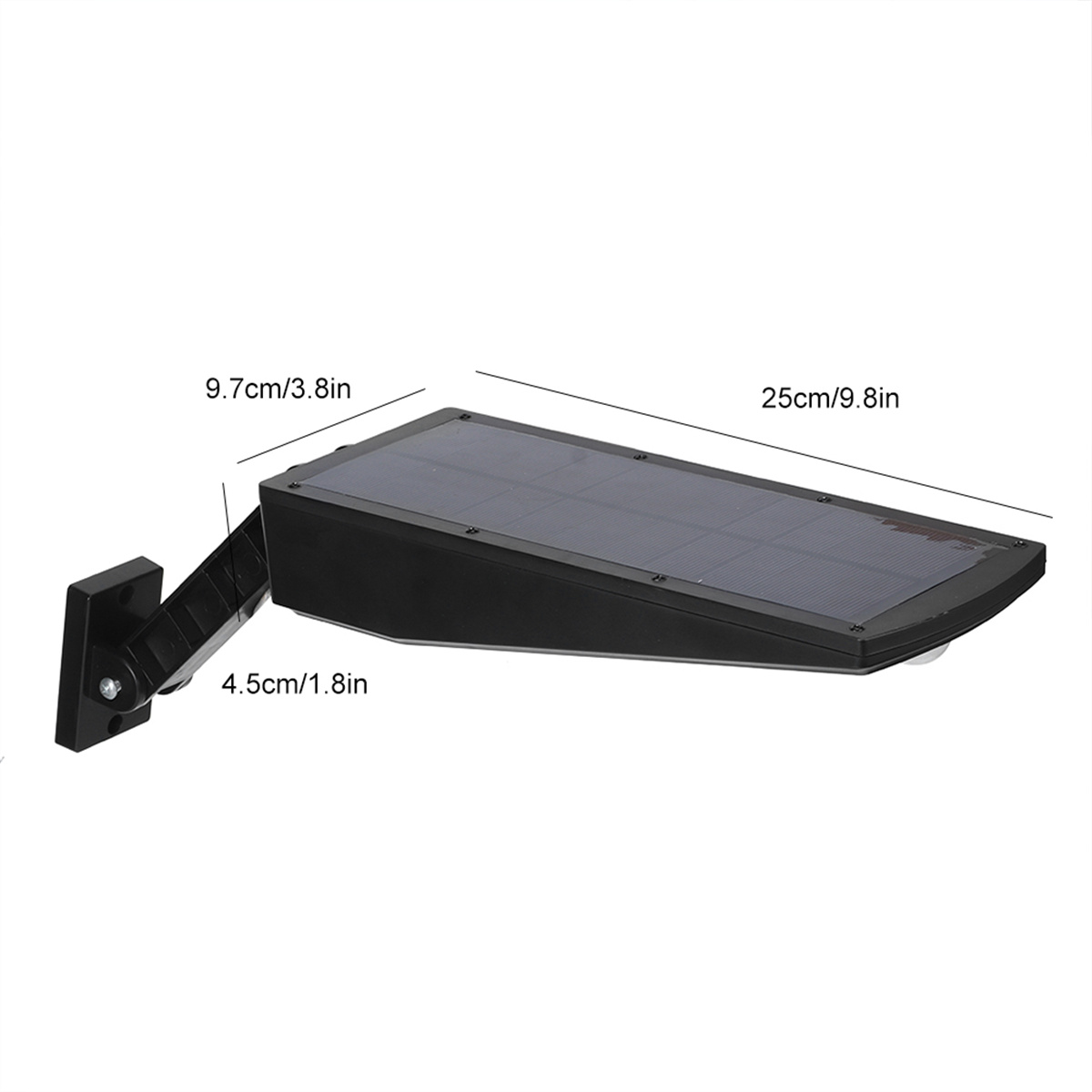 Schwarzes Solarpanel mit Maßen. Abmessungen sind 9,7 cm/3,8 Zoll und 25 cm/9,8 Zoll. Schwarze Halterung.