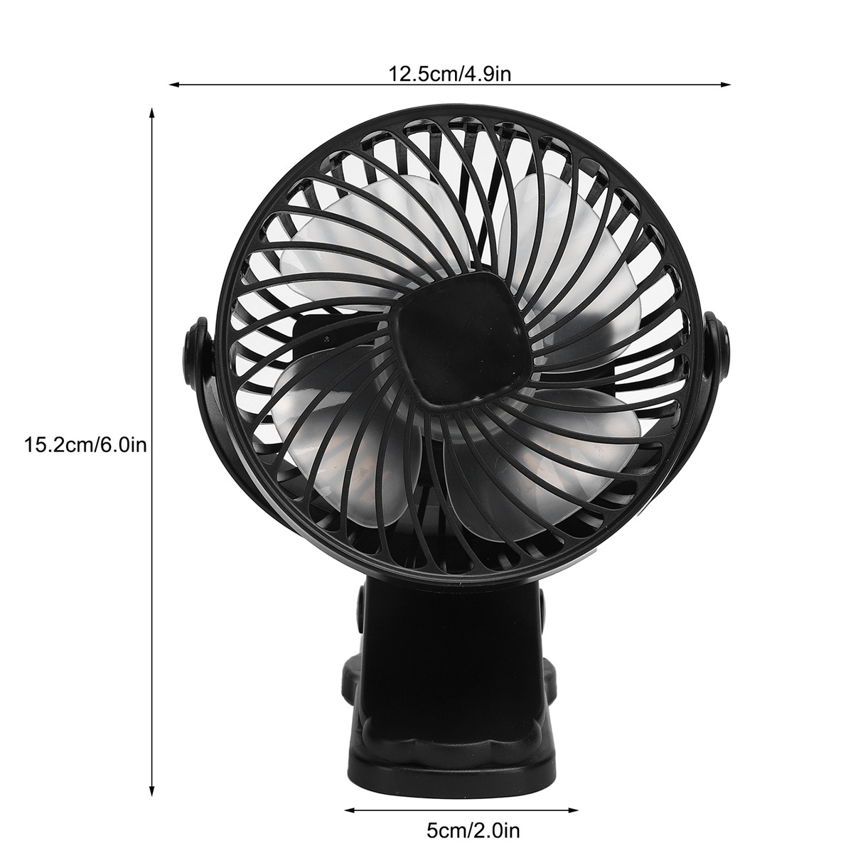 Schwarzer Clip-on-Ventilator. Abmessungen: 12,5 cm/4,9 Zoll breit, 15,2 cm/6,0 Zoll hoch, 5 cm/2,0 Zoll Basis.