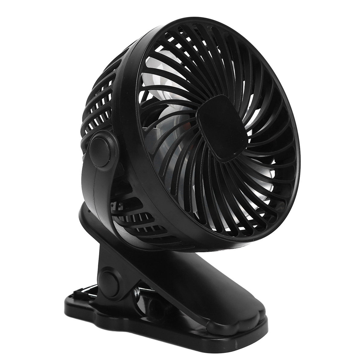 Ein schwarzer Ventilator mit Clip auf weißem Hintergrund.