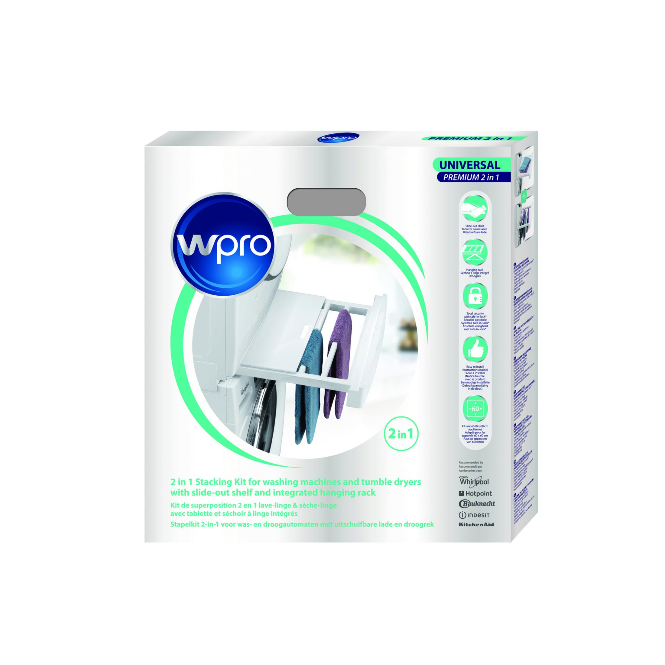 Weiß-blaue Box. Sie enthält ein Waschmaschinen- und Trocknerregal-Kit mit ausziehbarem Regal und Hängeregal.