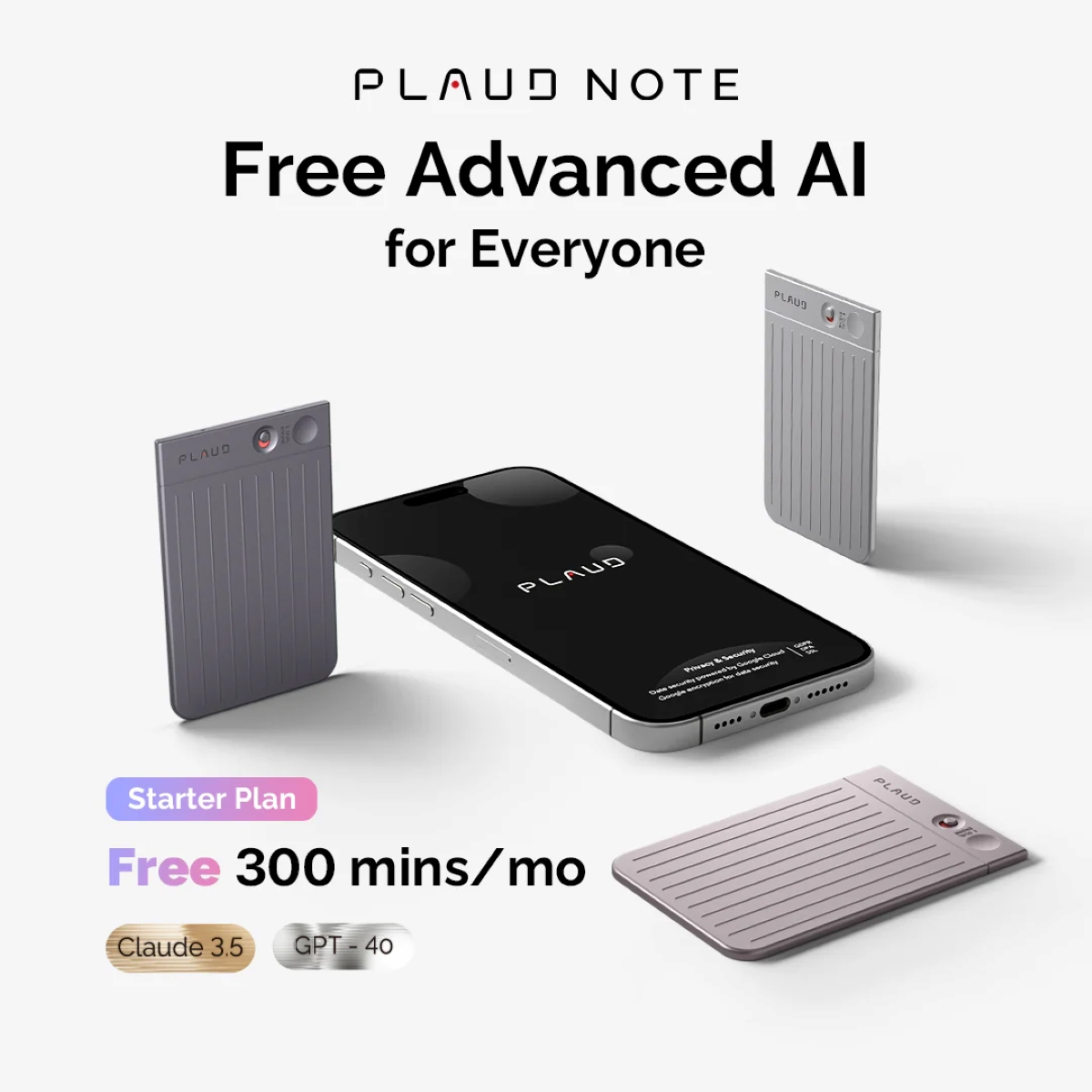 Téléphone avec cartes et deux appareils intelligents. Texte : « IA avancée gratuite pour tous » et « Gratuit 300 min/mois ».