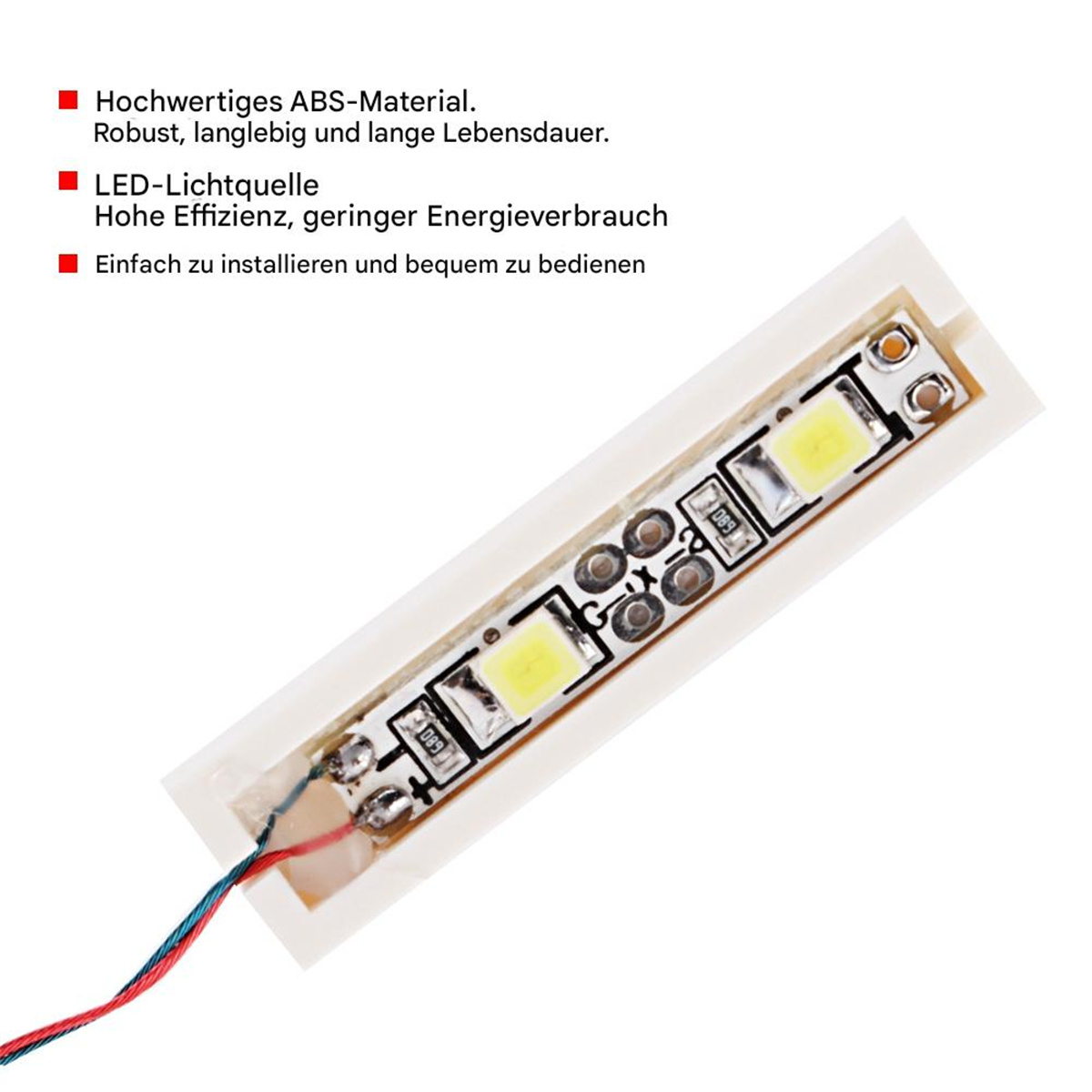 Rechteckiger LED-Lichtstreifen mit zwei LEDs, Drähten und gedrucktem Text.