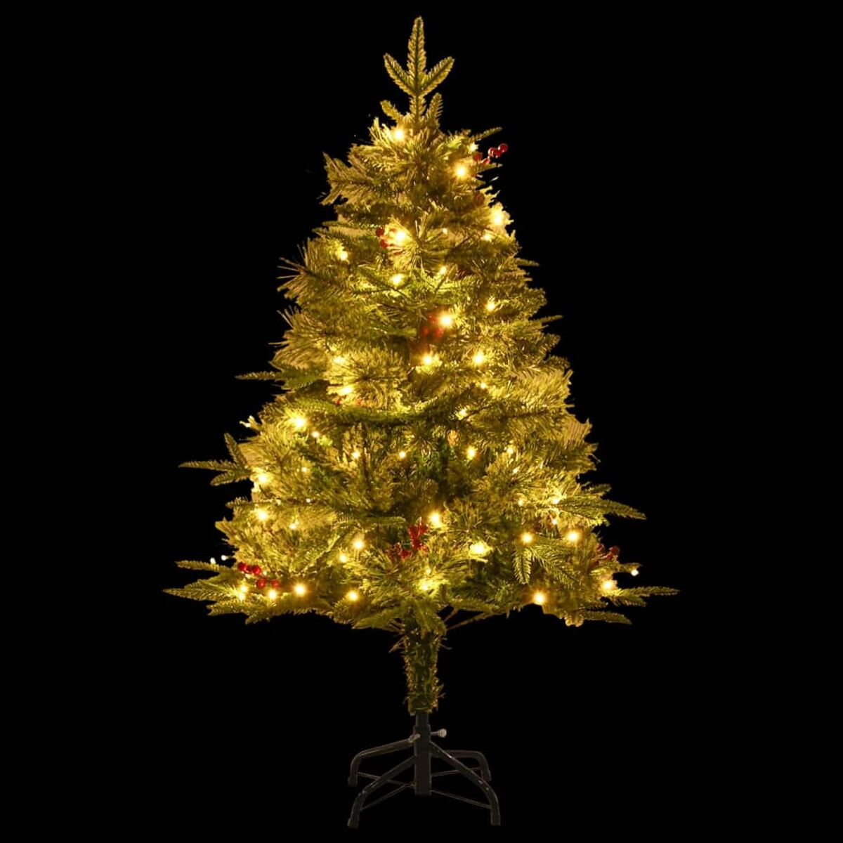 Künstlicher Weihnachtsbaum mit Lichtern. Grüne Zweige und rote Beeren.
