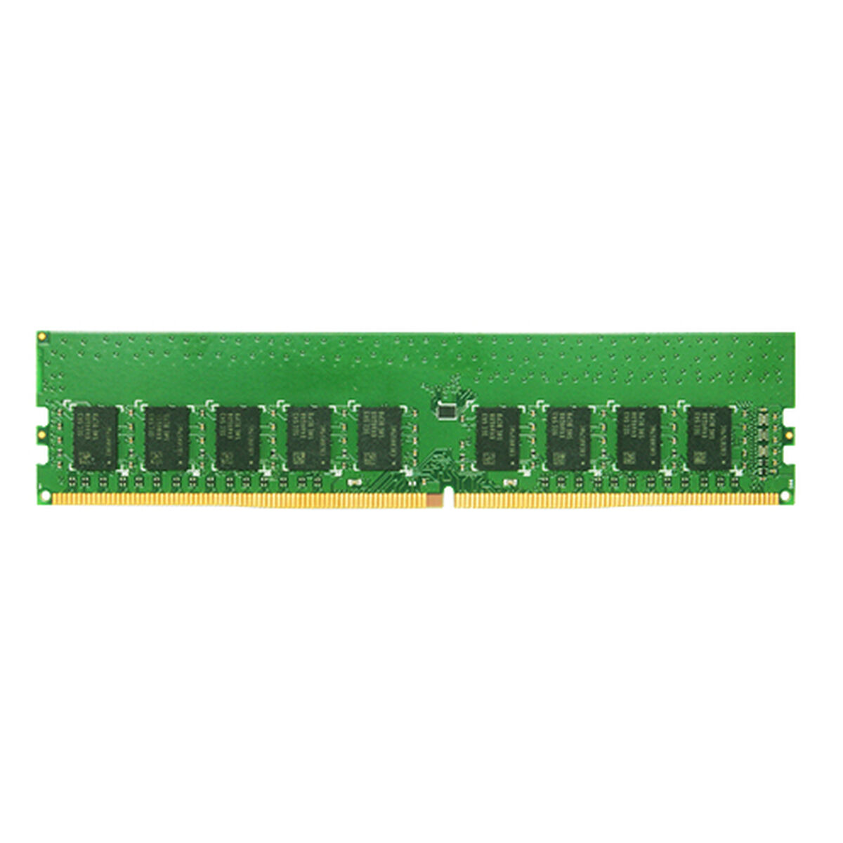 Stick RAM verde con più chip neri, un connettore dorato, contro uno sfondo bianco.
