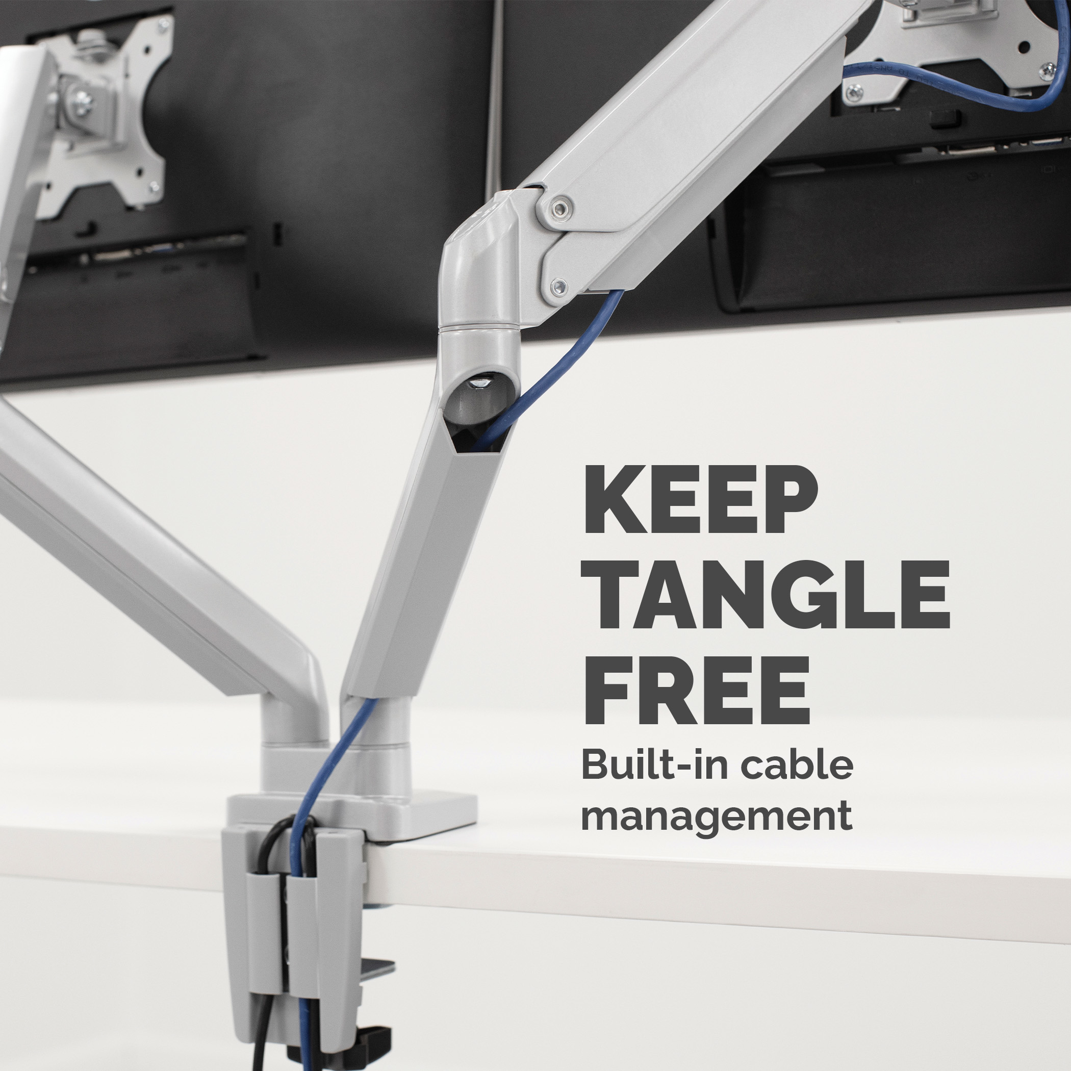 Białe ramiona do monitorów z wbudowanym zarządzaniem kablami i tekstem 'Keep Tangle Free'.
