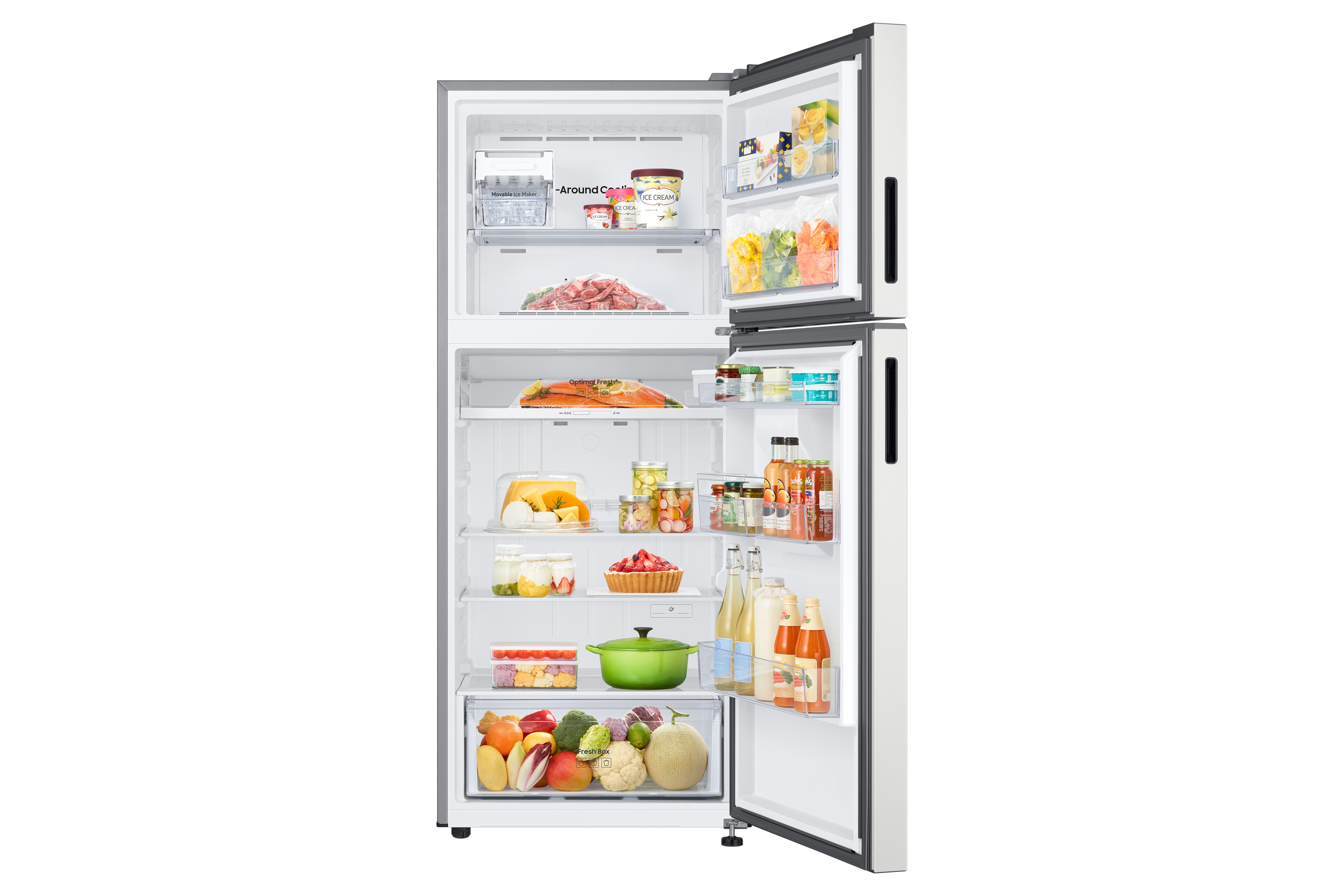 Refrigerador, abierto, lleno de comida, con laterales blancos.