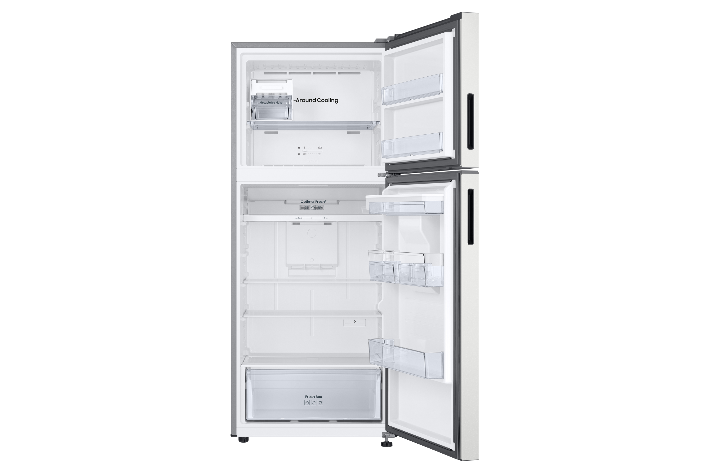 Refrigerador abierto, congelador superior. El interior es blanco con estantes, cajones y un compartimento para alimentos frescos.