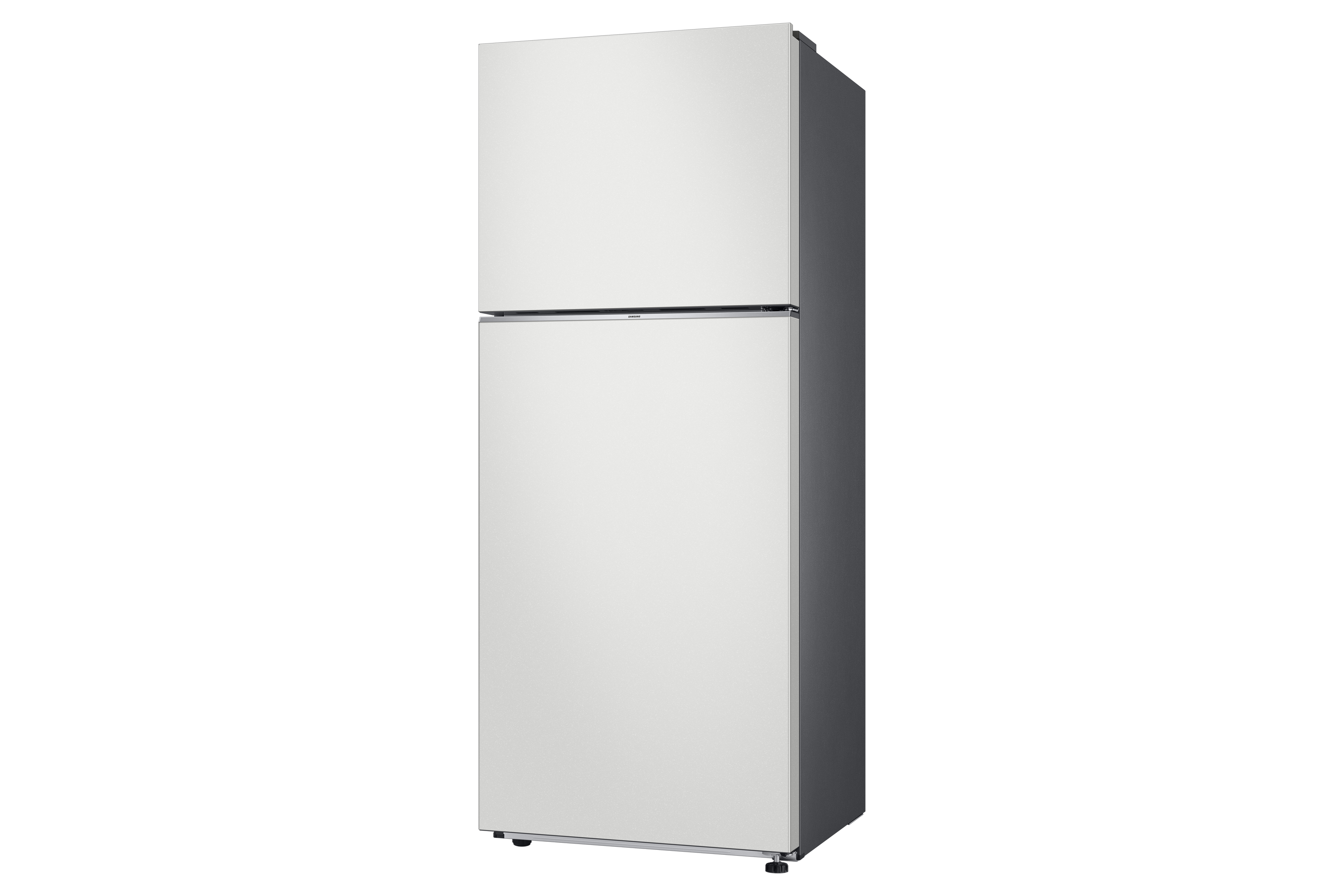 Refrigerador blanco con dos puertas. Contorno gris. Fondo blanco.