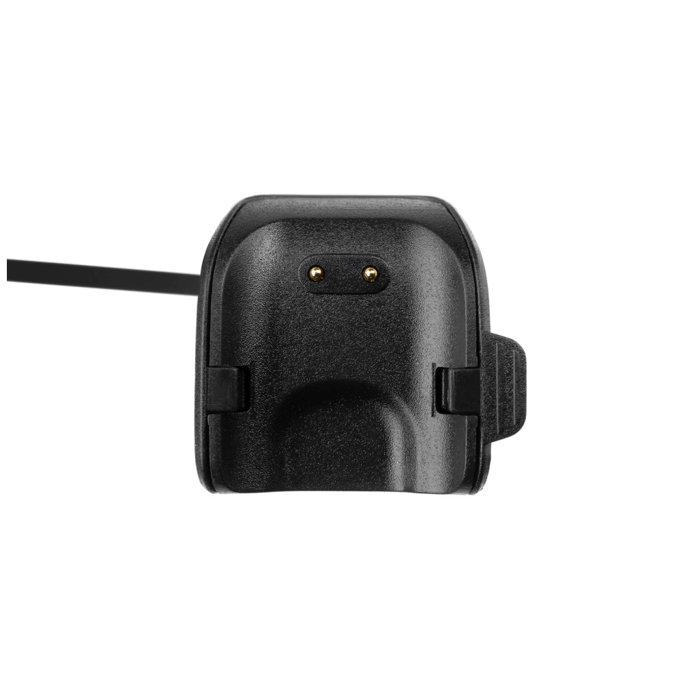 Eine schwarze Ladestation mit zwei Goldstiften. Sie ist für eine Smartwatch konzipiert.
