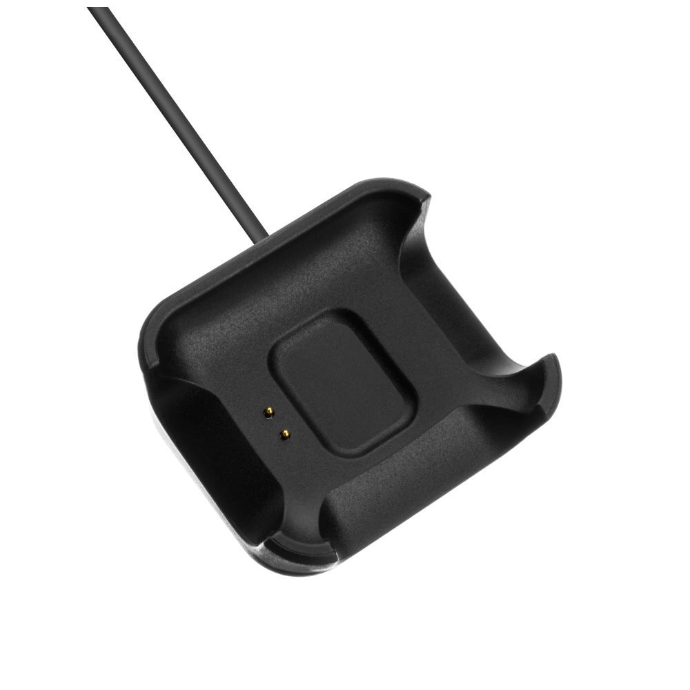 Eine schwarze Smartwatch-Ladestation mit einem schwarzen Kabel. Weißer Hintergrund.