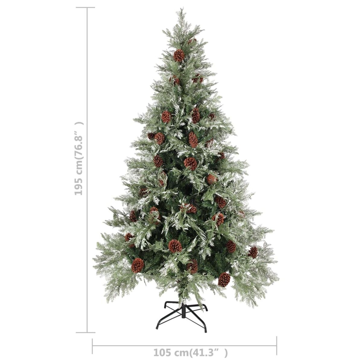 Ein hoher, grüner Weihnachtsbaum mit braunen Tannenzapfen auf weißem Hintergrund. Abmessungen sind angegeben.