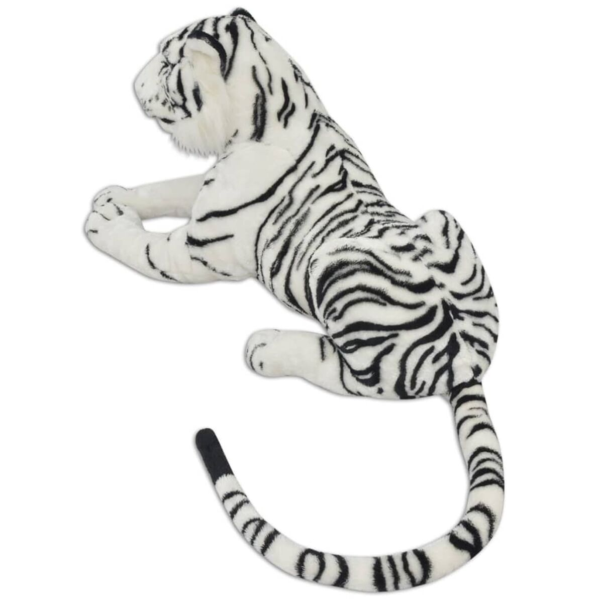 Ein weißer Plüschtiger mit schwarzen Streifen liegt auf dem Boden.