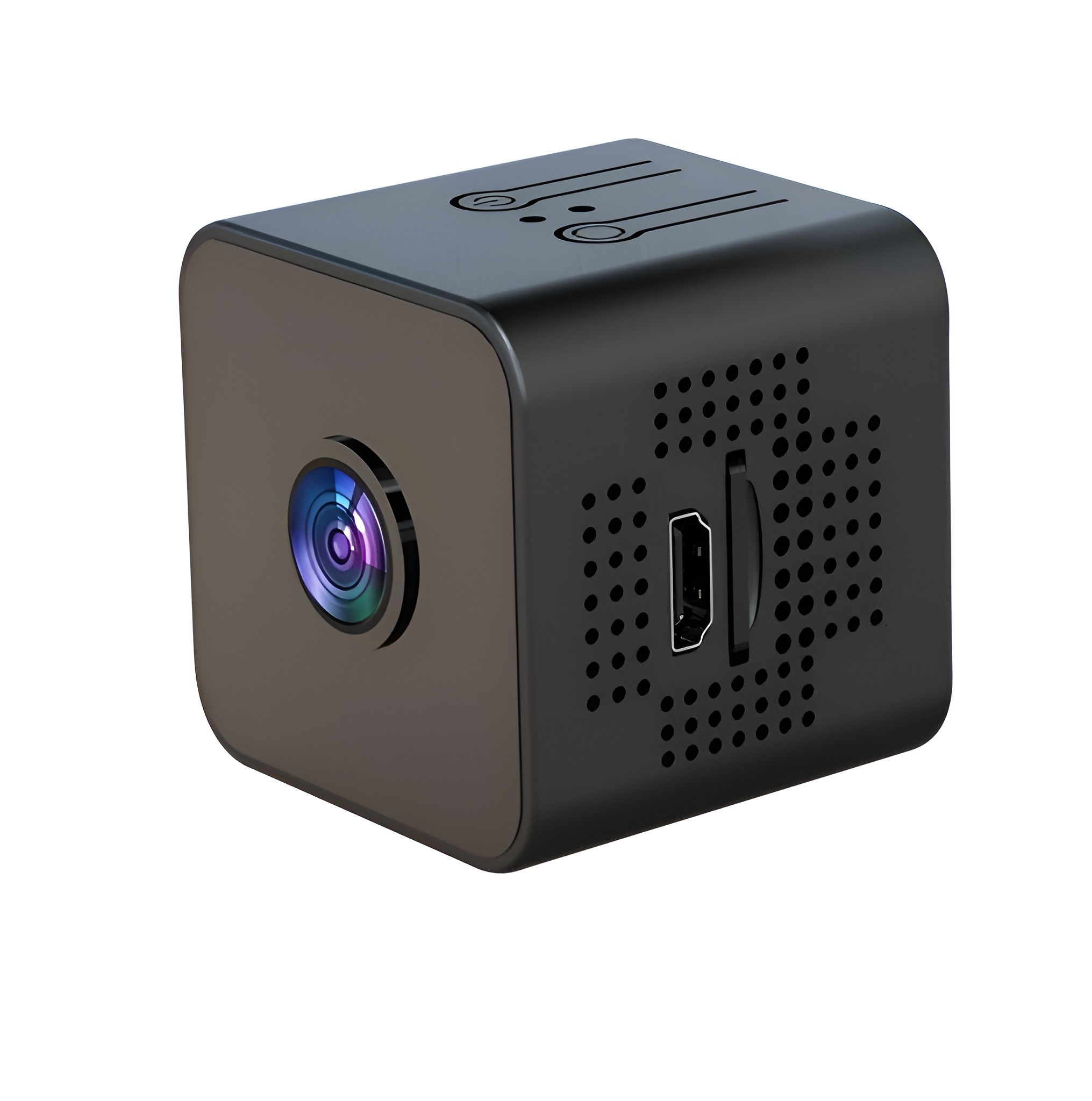 Schwarze würfelförmige Kamera mit Objektiv, HDMI-Anschluss und Belüftungslöchern, weißer Hintergrund.