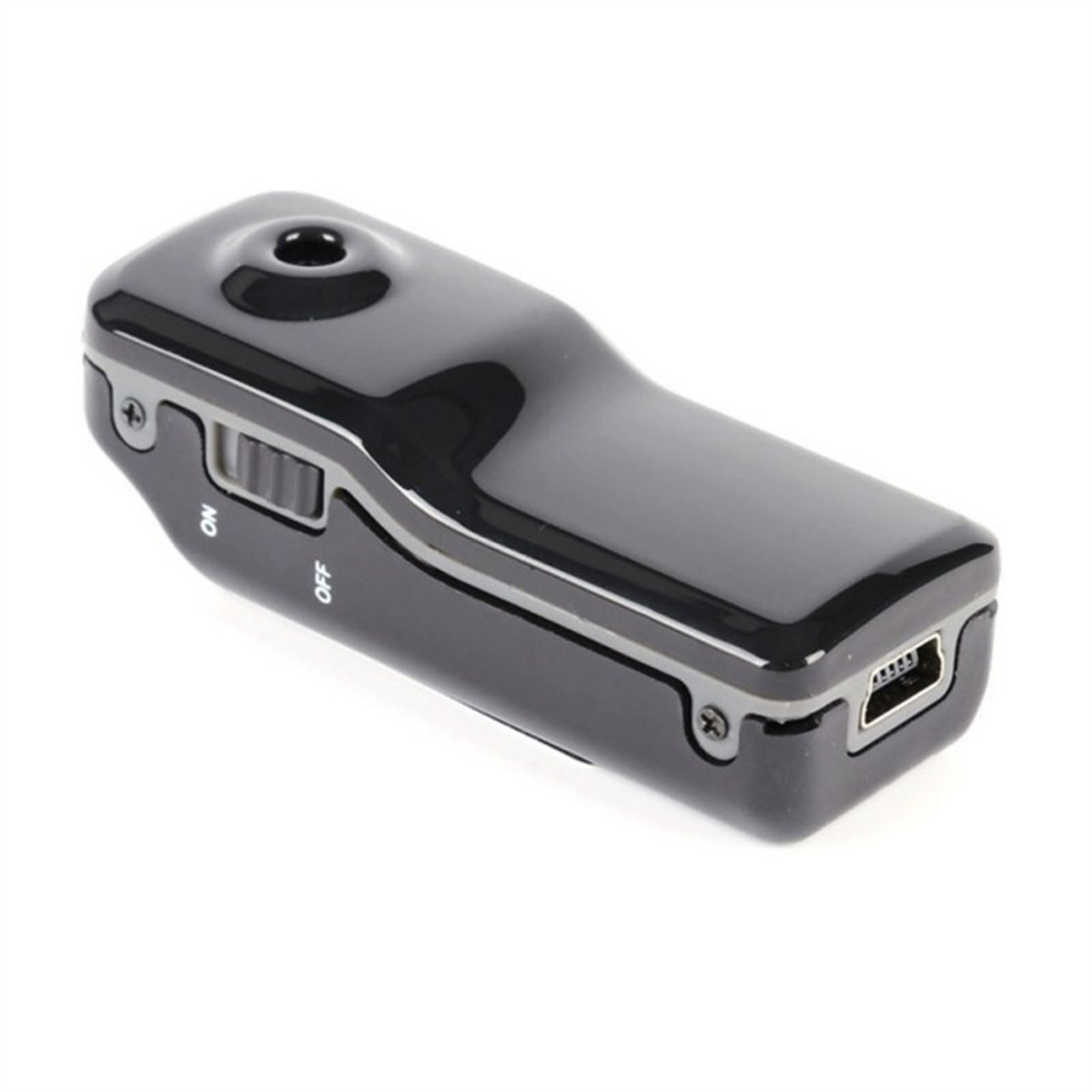 Schwarze Mini-Videokamera mit Ein-/Ausschalter und USB-Anschluss. Auf weißem Hintergrund isoliert.