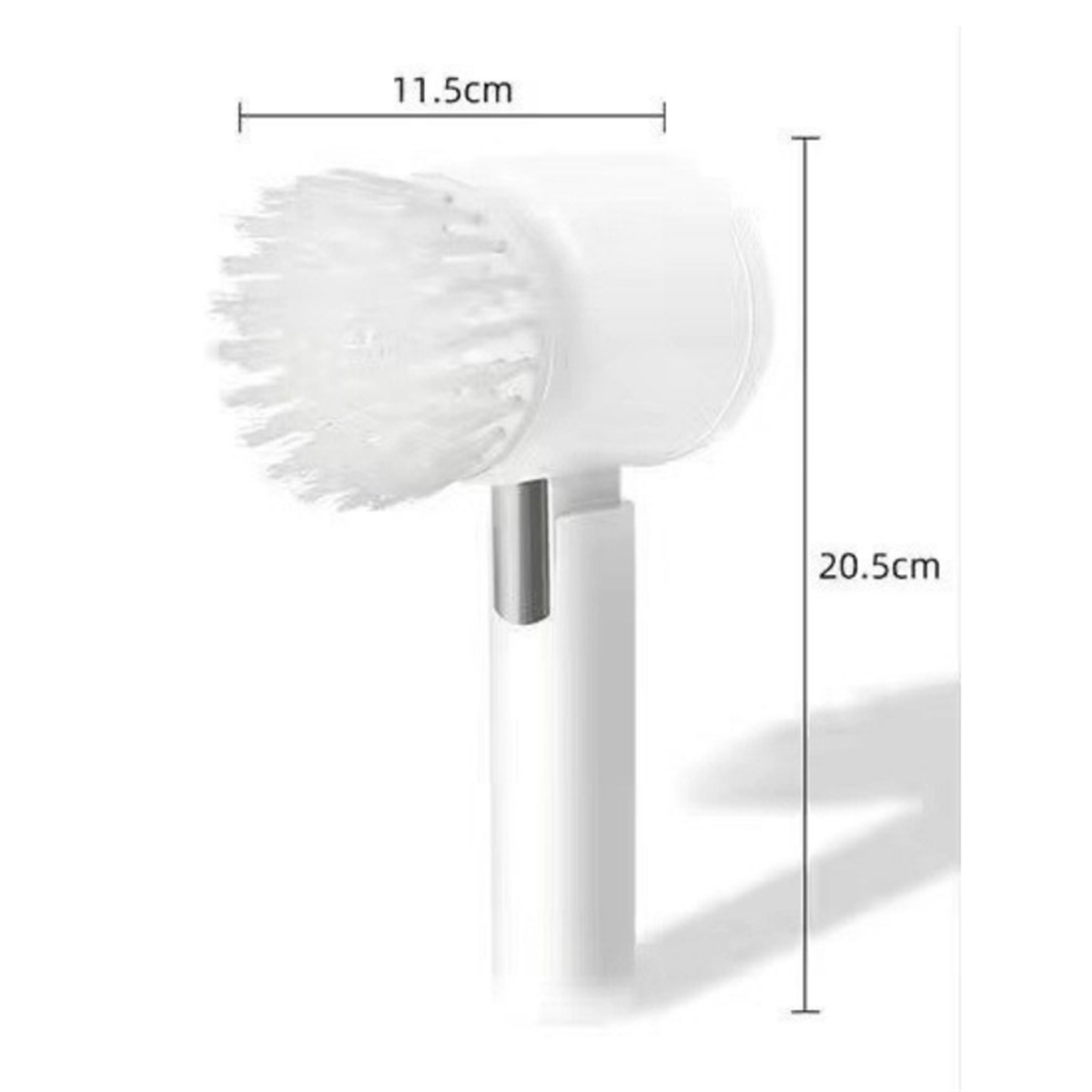 Weißer elektrischer Bürstenkopf. Zylindrischer Kopf mit Borsten. Abmessungen: 11,5 cm breit, 20,5 cm lang.