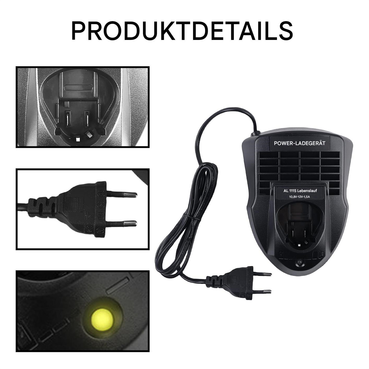 Produktdetails zeigen Ladesockel, Stecker und Details. Ein gelbes Licht leuchtet am Ladegerät.