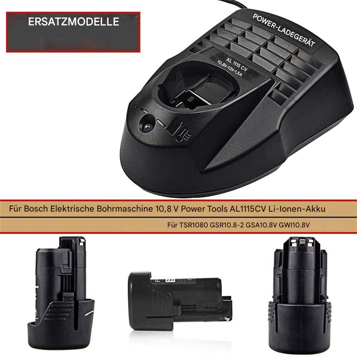 Schwarzes Ladegerät mit Batterien und Text. Weißer Hintergrund.