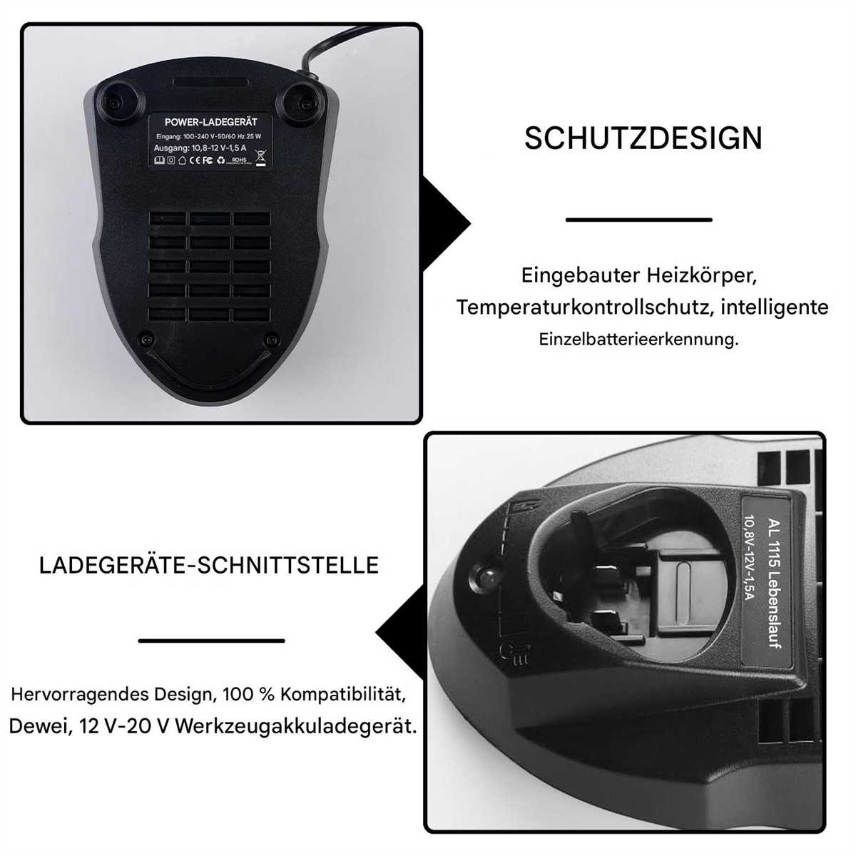 Nahaufnahmen eines schwarzen Elektrowerkzeugladegeräts mit mehreren Detail- und Ansichtsansichten.