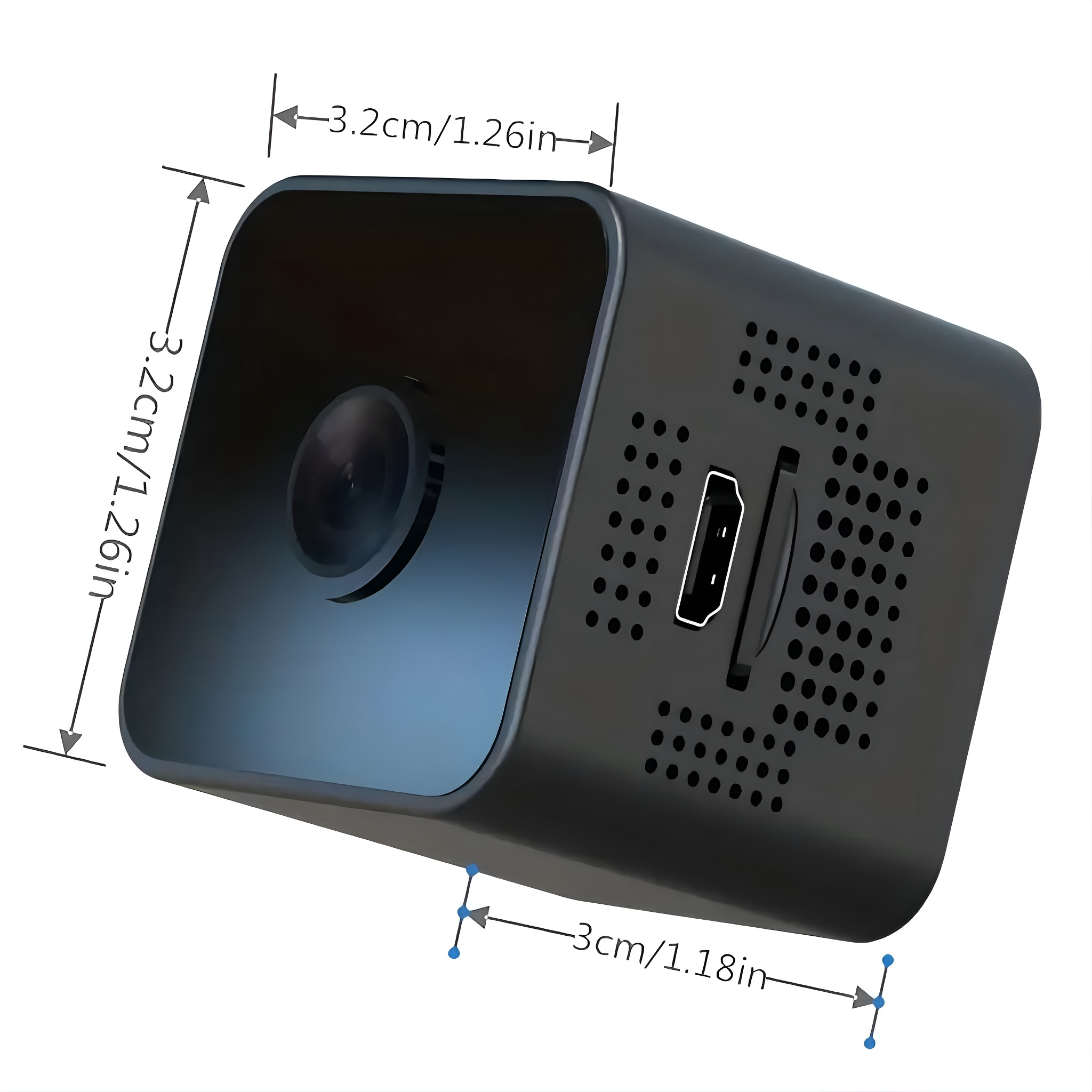 Schwarze, würfelförmige Überwachungskamera mit Objektiv und HDMI-Anschluss. Abmessungen sind angegeben.