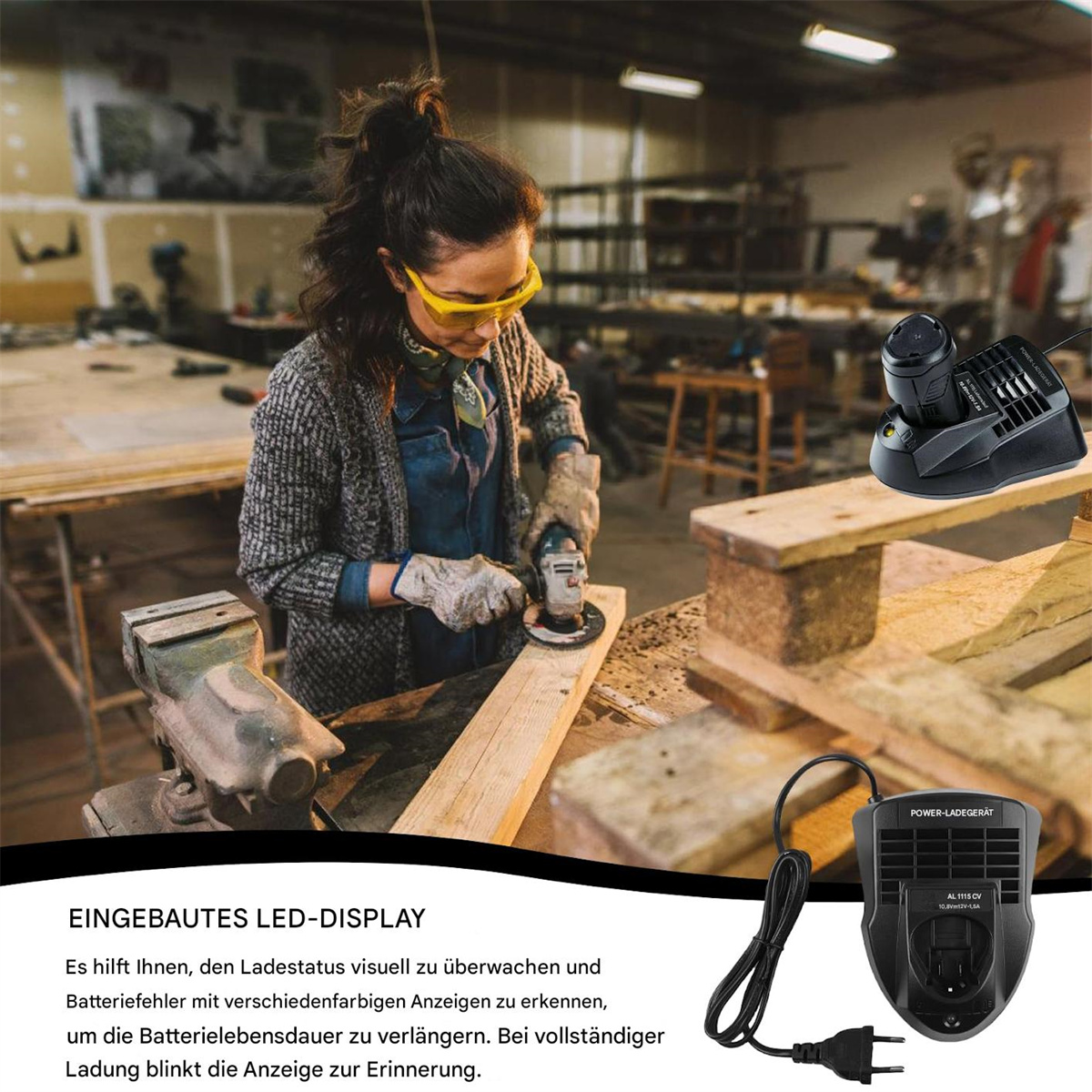 Eine Frau mit Schutzbrille schleift ein Holzbrett. Ein Ladegerät und ein Elektrowerkzeug sind daneben.