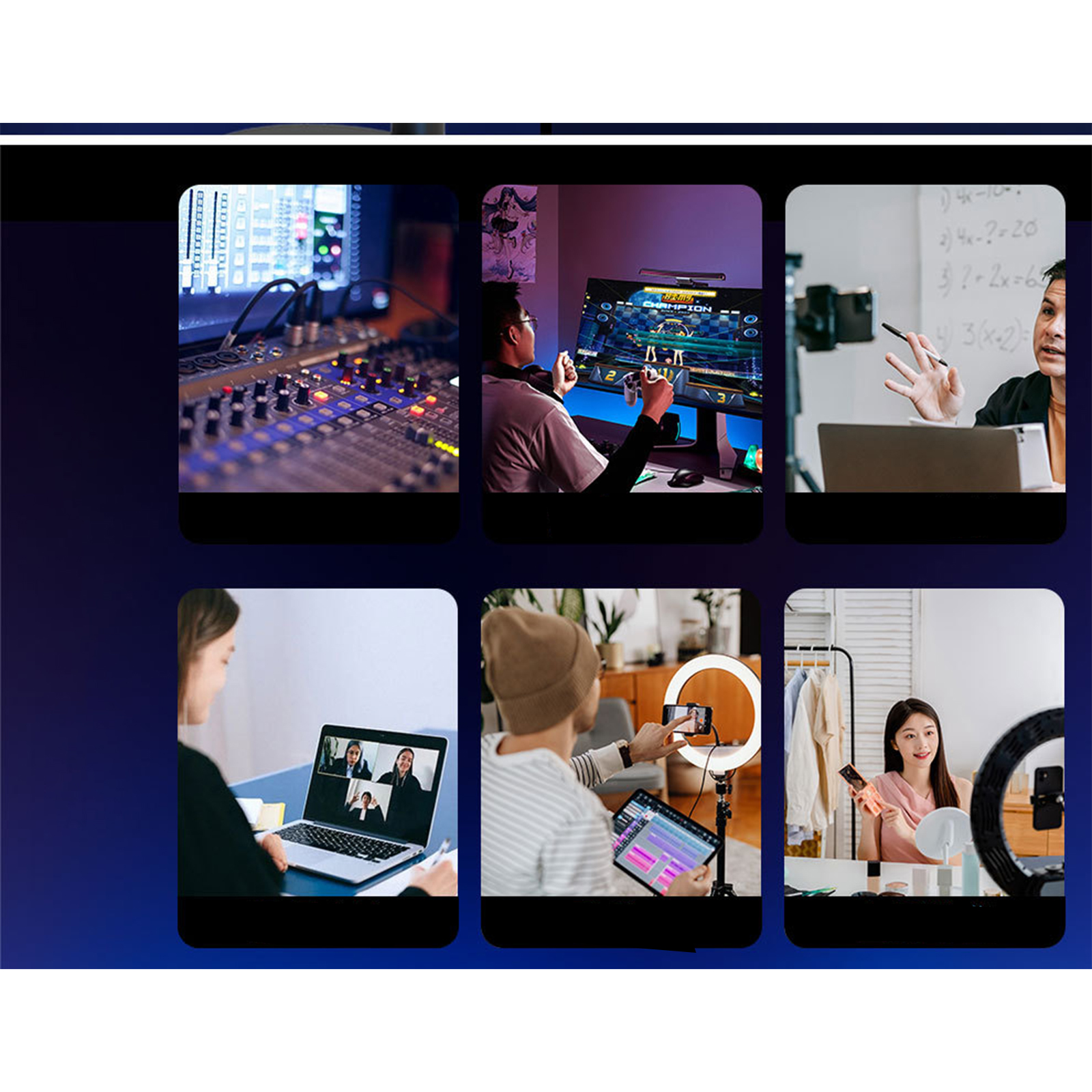 Eine Collage von Personen bei verschiedenen Online-Aktivitäten, darunter ein Studio, eine Videokonferenz und Bildung.