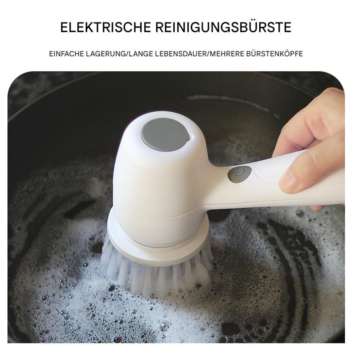 Weiße elektrische Reinigungsbürste, die in Seifenwasser schrubbt. Grauer Knopf oben.