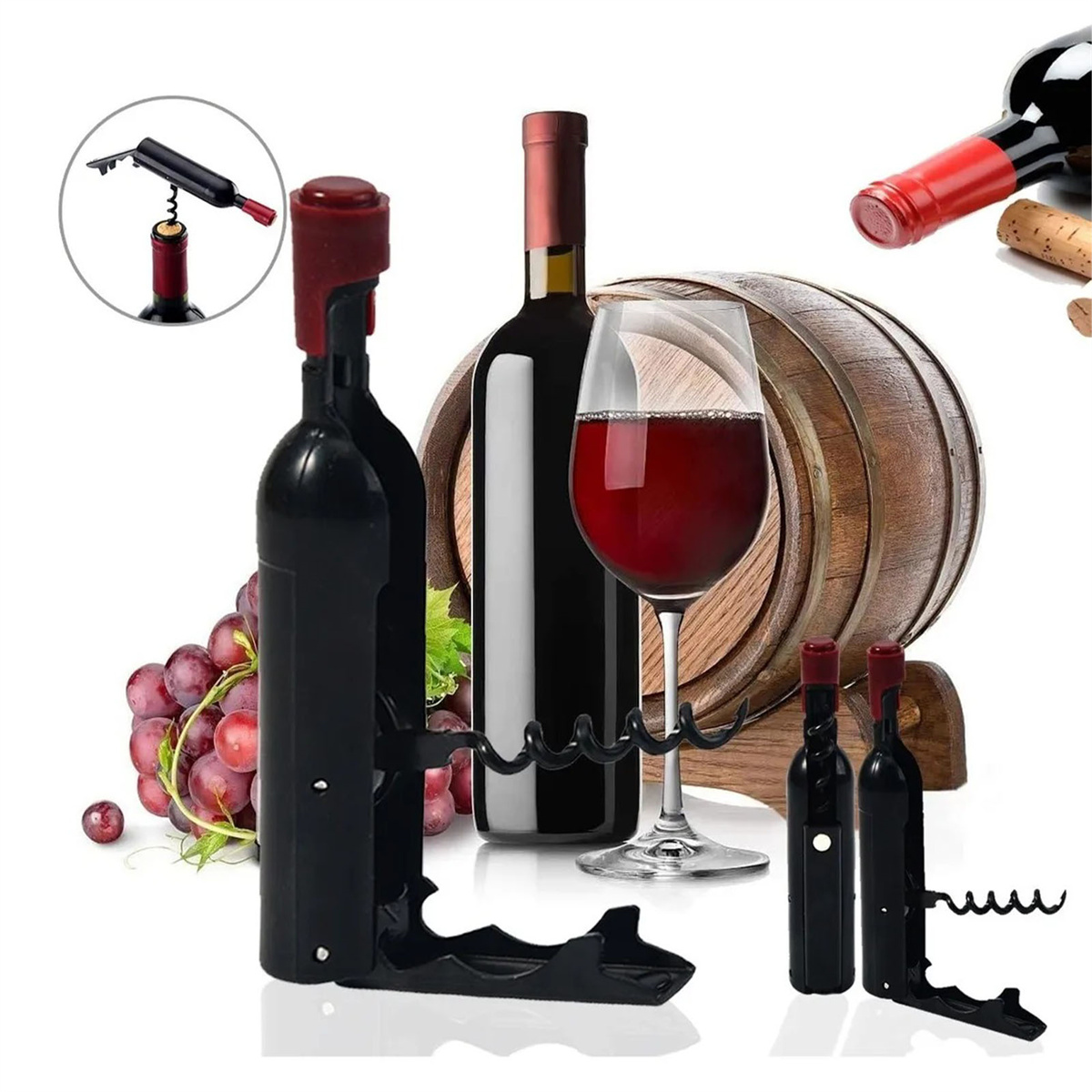 Weinflaschen, Weinglas mit Rotwein, Korkenzieher und Holzfass, alles auf Weiß.