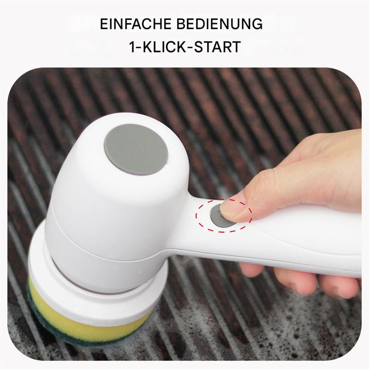 Eine weiße Reinigungsbürste mit einem grün-gelben Schwamm, der von einem Finger gedrückt wird.
