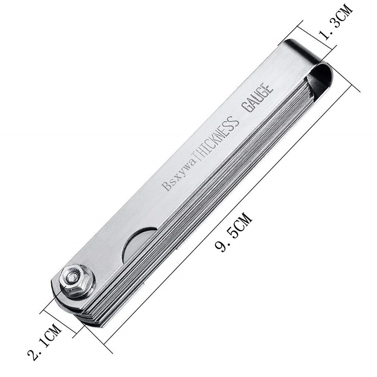 Dickenlehre. Sie ist silberfarben, mit Abmessungen. 9,5 cm lang und 1,3 cm breit.