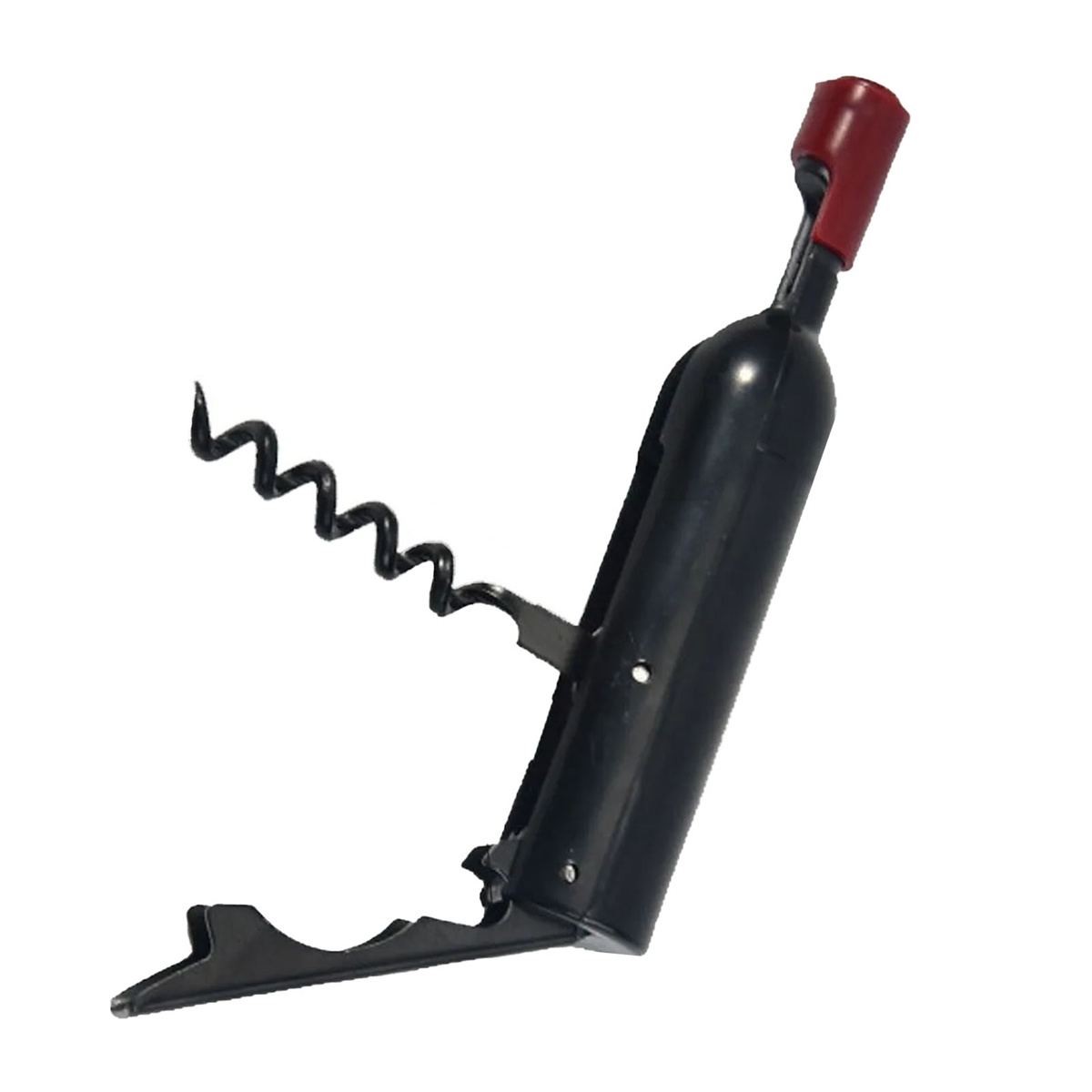 Ein schwarz-roter Weinöffner mit Korkenzieher und Flaschenöffner-Funktionen.