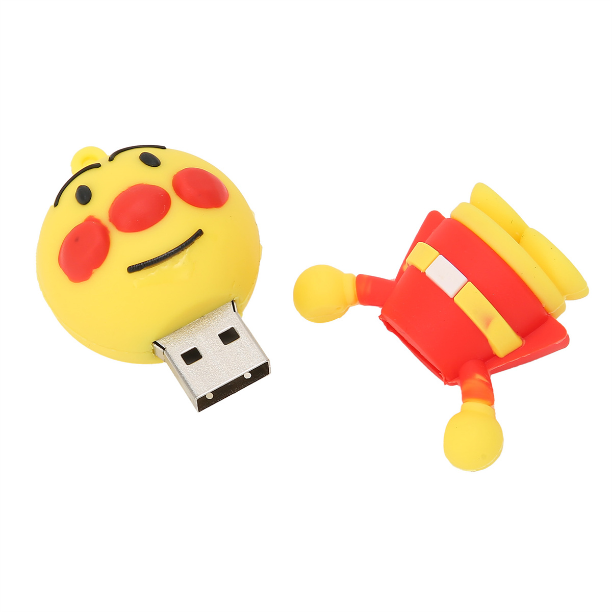 Zwei USB-Sticks. Einer ist gelb und hat die Form eines lächelnden Gesichts. Der andere ist rot.