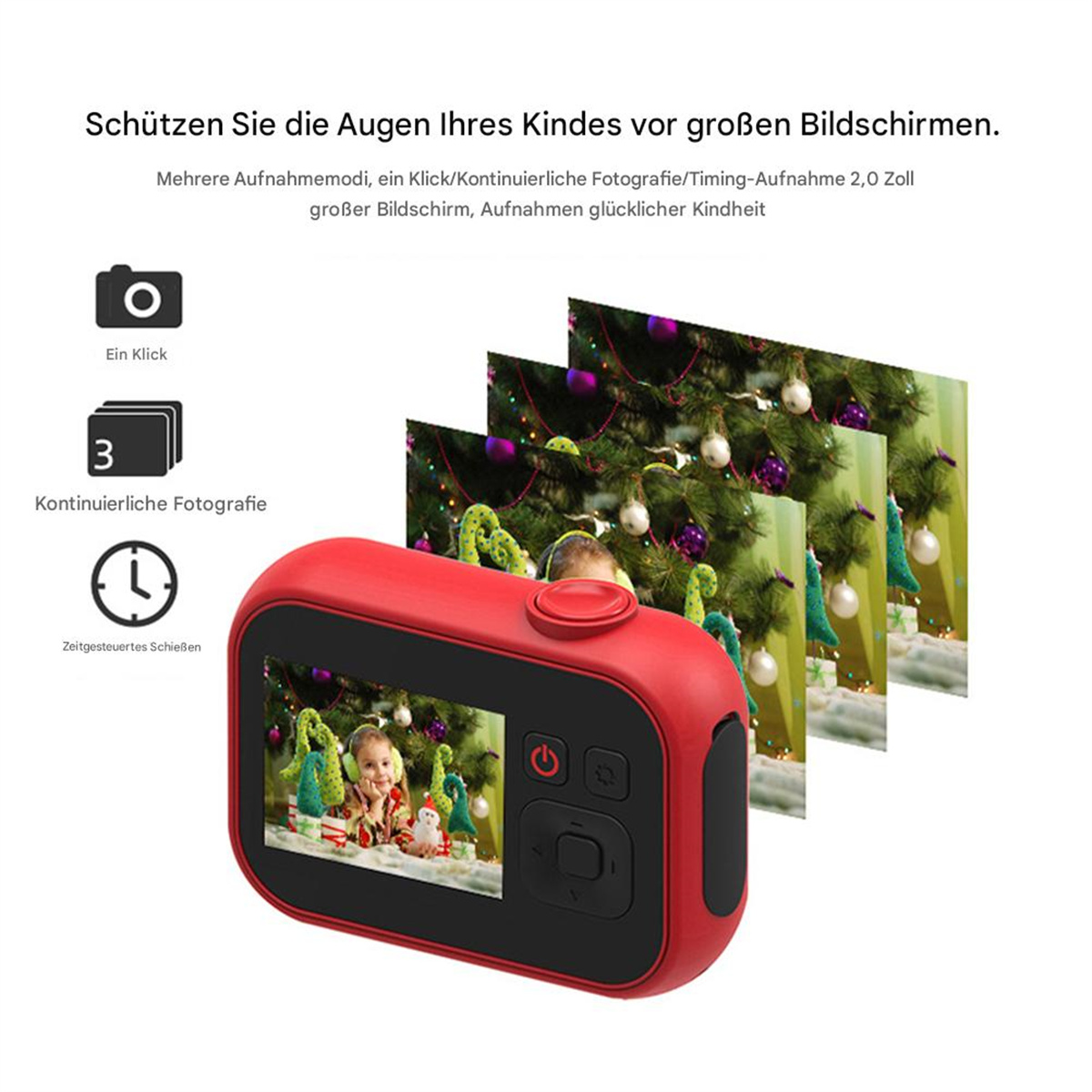 Rote Kinderkamera, die Fotos zeigt. Sie hat verschiedene Modi und Einstellungen zum Fotografieren.