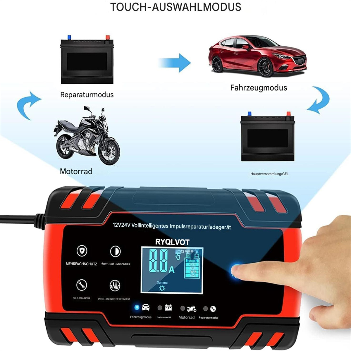 Batterieladegerät mit Auto-, Motorrad- und Batterie-Symbolen. Eine Hand berührt den Bildschirm.