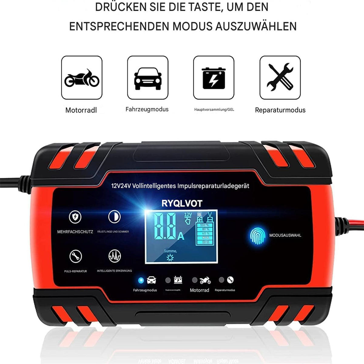 Schwarz-rotes Batterieladegerät mit Bildschirm und Knöpfen. Das Ladegerät hat Symbole.