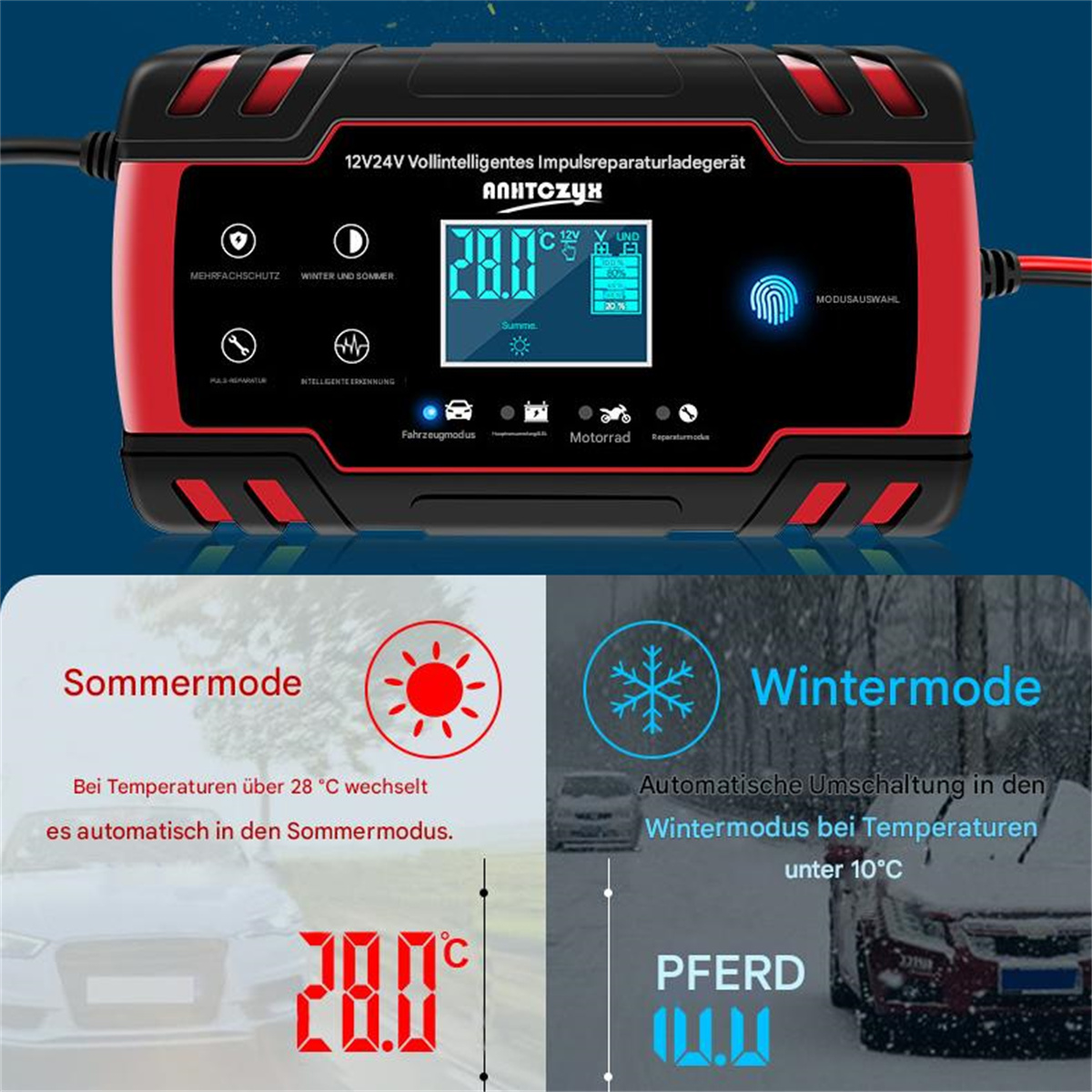Ein rot-schwarzes Batterieladegerät mit Display, das Sommer- und Wintermodi zeigt.