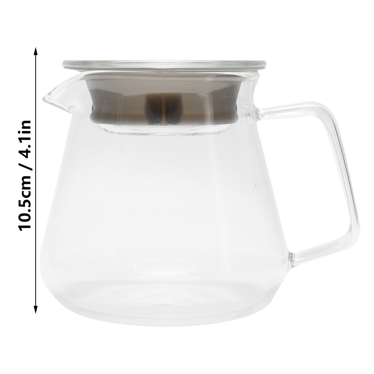 Klarer Glas-Teekessel mit dunkelbraunem Deckel, 10,5 cm / 4,1 Zoll hoch.