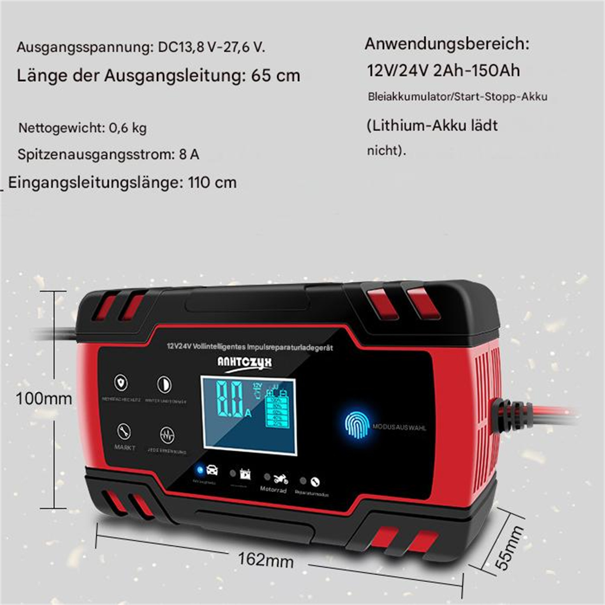 Ein rot-schwarzes Batterieladegerät mit digitaler Anzeige und mehreren Anschlüssen, mit Text und Abmessungen.