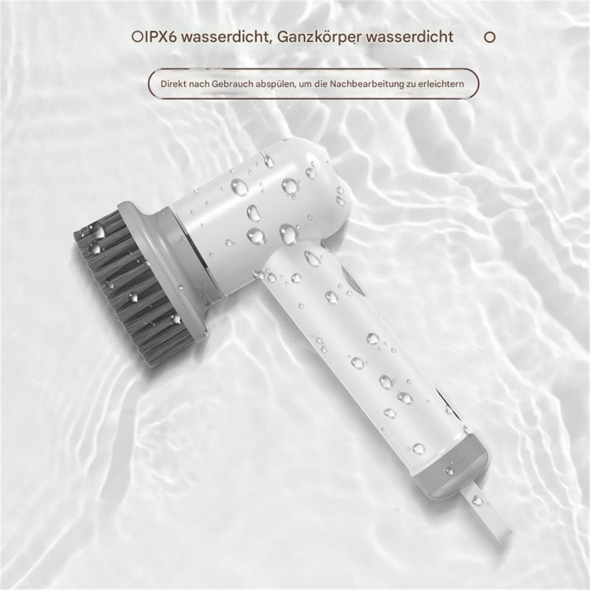 Weiße und graue elektrische Bürste mit Wassertropfen. Der Bürstenkopf ist sichtbar. Hintergrund ist eine Wassertextur.