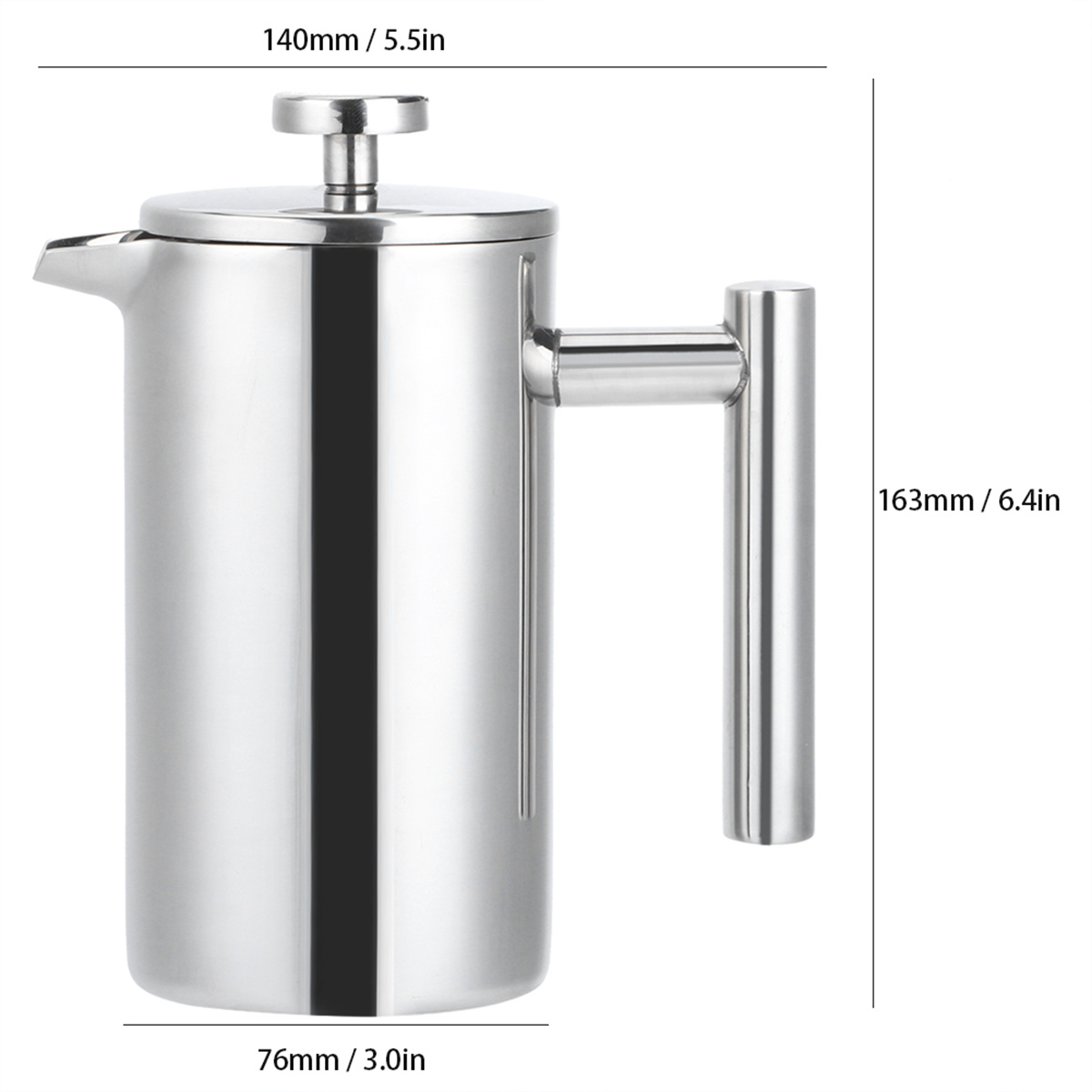 Edelstahl French Press Kaffeemaschine mit Griff. Abmessungen sind angegeben.