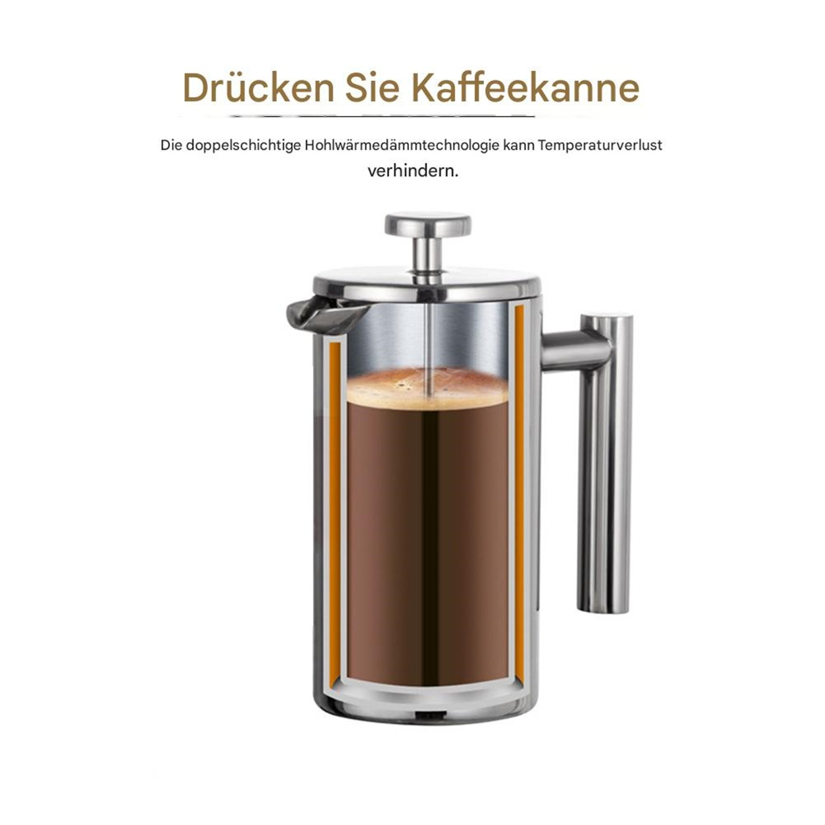 Eine French-Press-Kaffeemaschine mit Querschnitt. Der Kaffee ist darin sichtbar.
