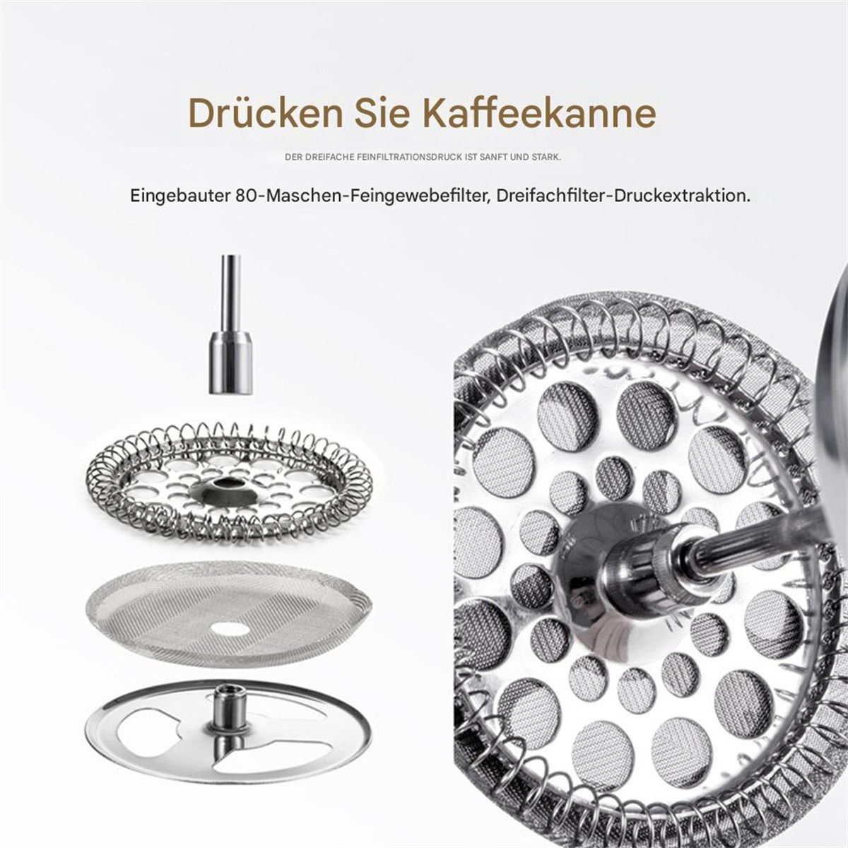 Kaffeepresskomponenten zerlegt, Filter und Netzteile zeigend.