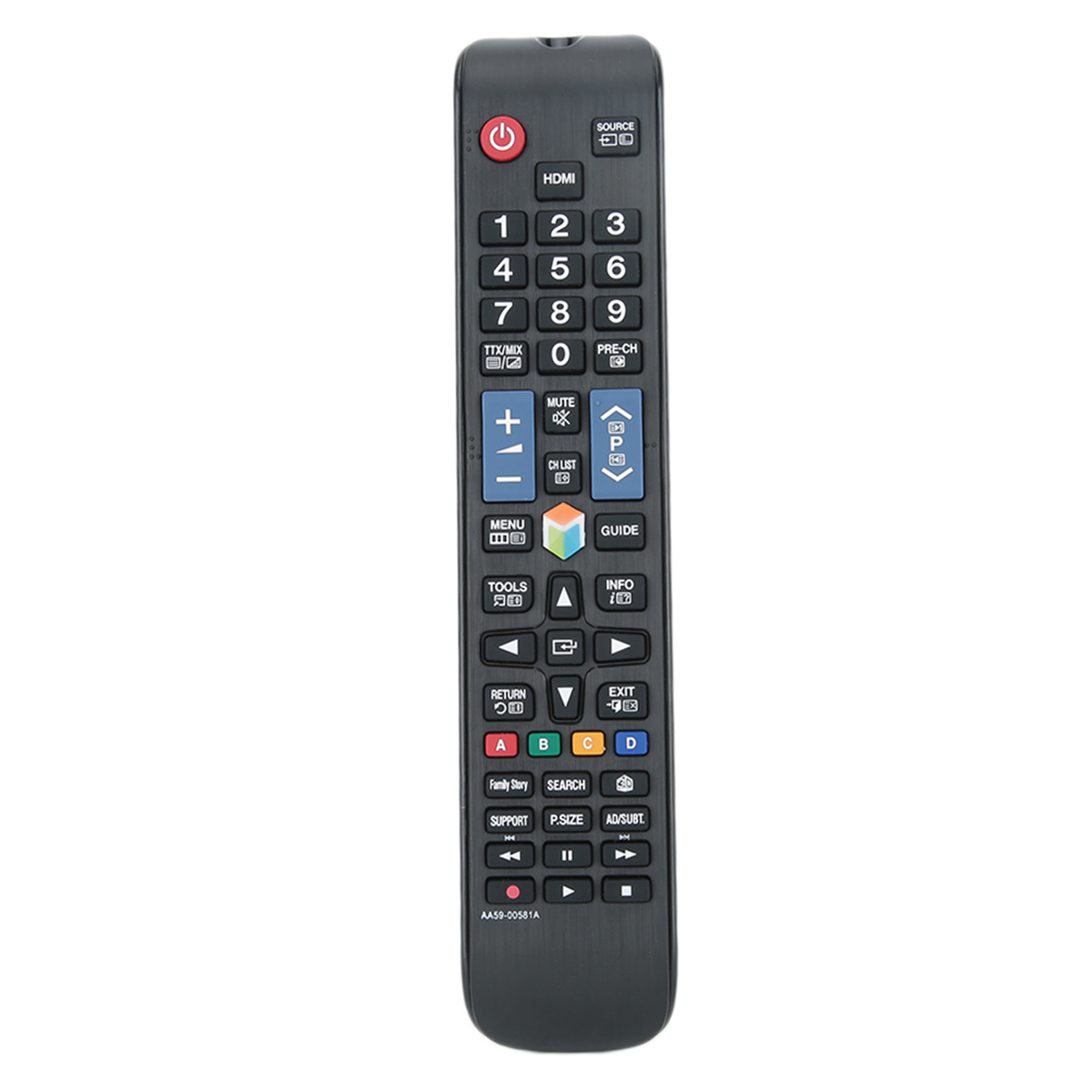 Schwarze TV-Fernbedienung mit vielen Tasten, einschließlich Strom, Zahlen und Lautstärke.